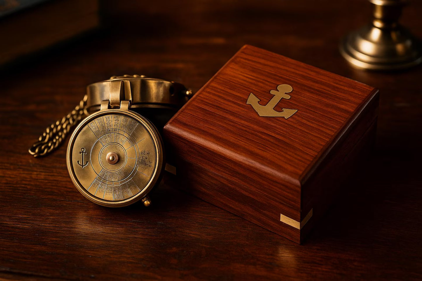 Brass Pocket Calendar Compass with Engraved Wooden Box – Nautical Gift