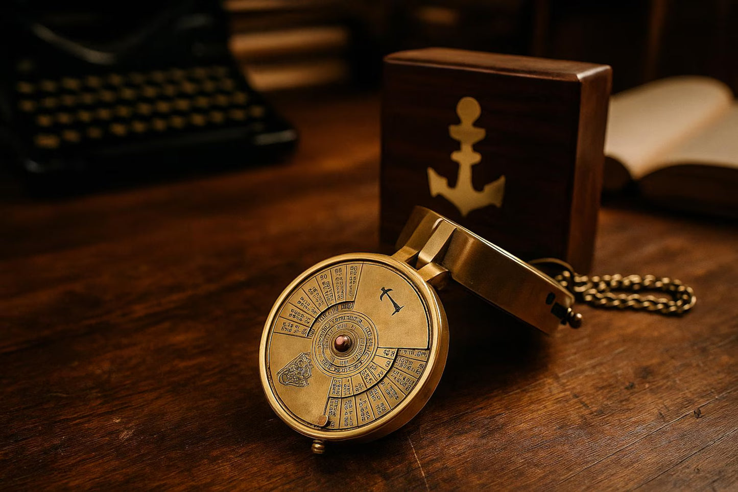 Brass Pocket Calendar Compass with Engraved Wooden Box – Nautical Gift