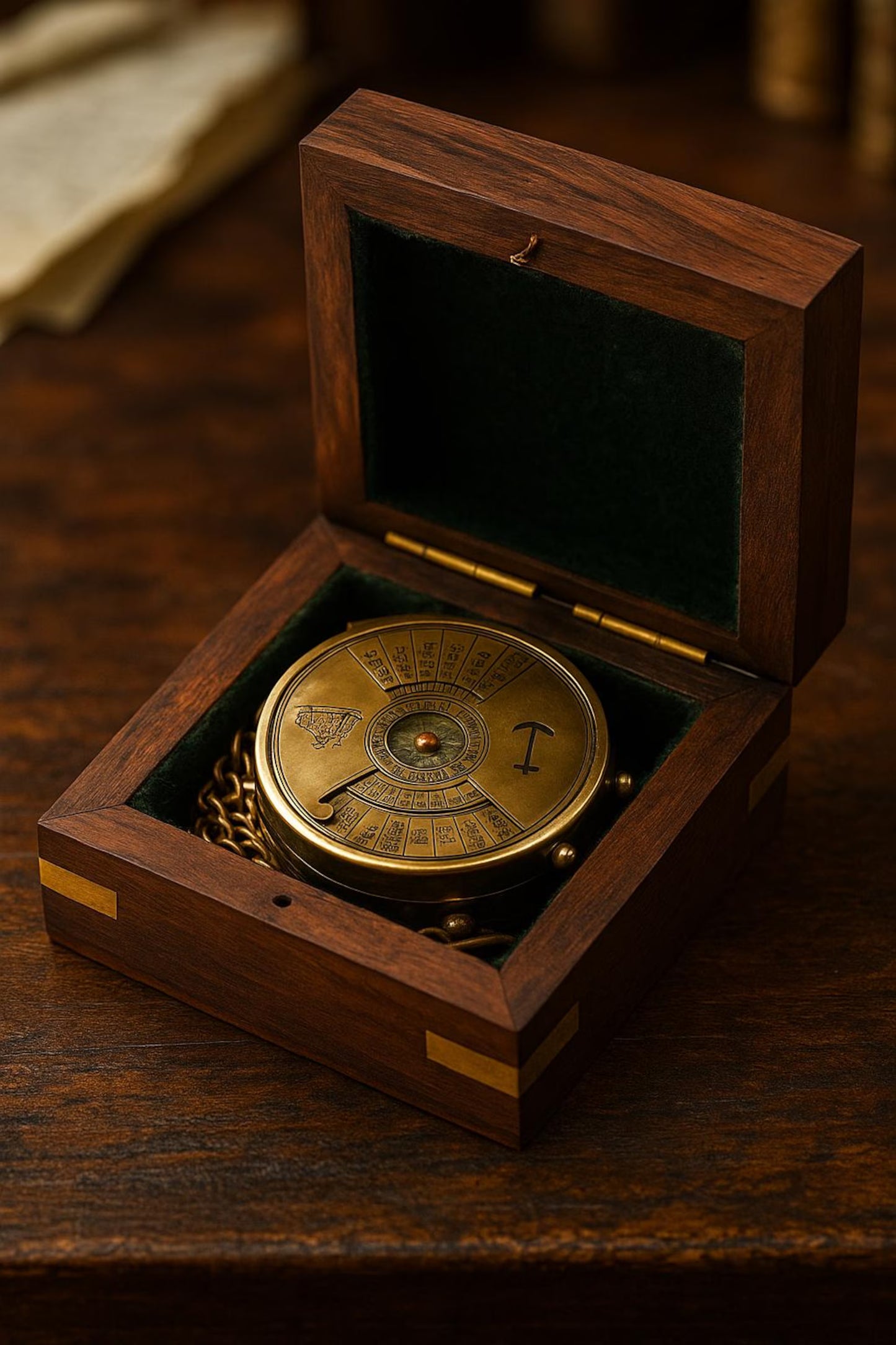 Brass Pocket Calendar Compass with Engraved Wooden Box – Nautical Gift