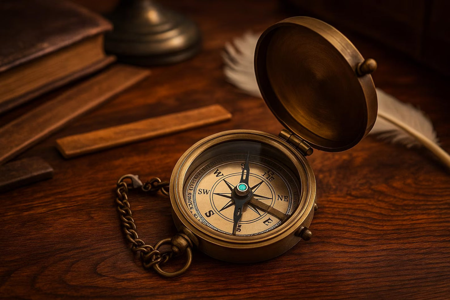 Brass Pocket Calendar Compass with Engraved Wooden Box – Nautical Gift