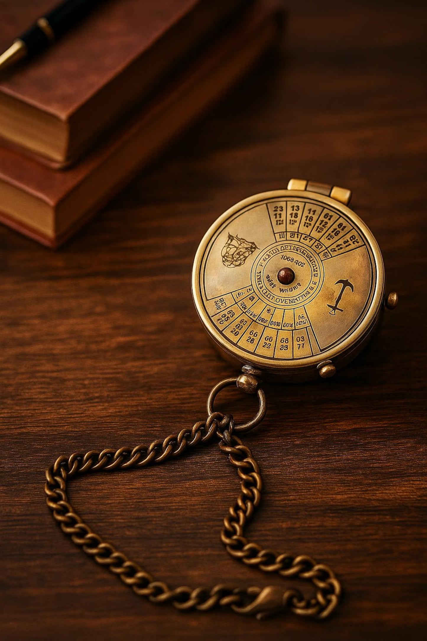Brass Pocket Calendar Compass with Engraved Wooden Box – Nautical Gift