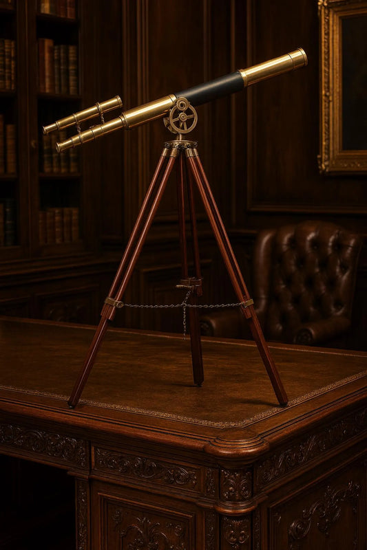 Double-Barrel Brass Telescope with Wooden Tripod – Nautical Decor & Collector Gift