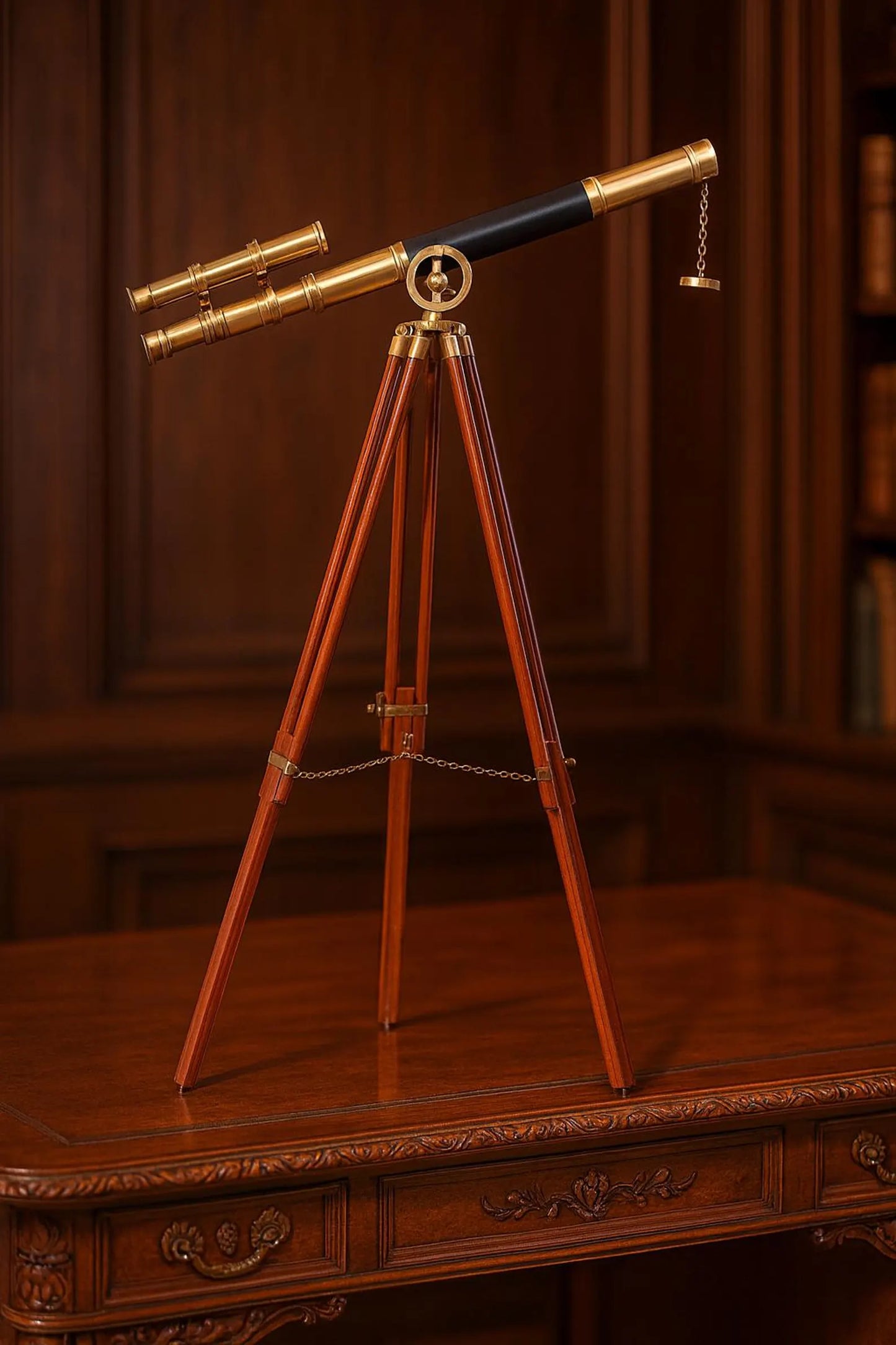 Double-Barrel Brass Telescope with Wooden Tripod – Nautical Decor & Collector Gift