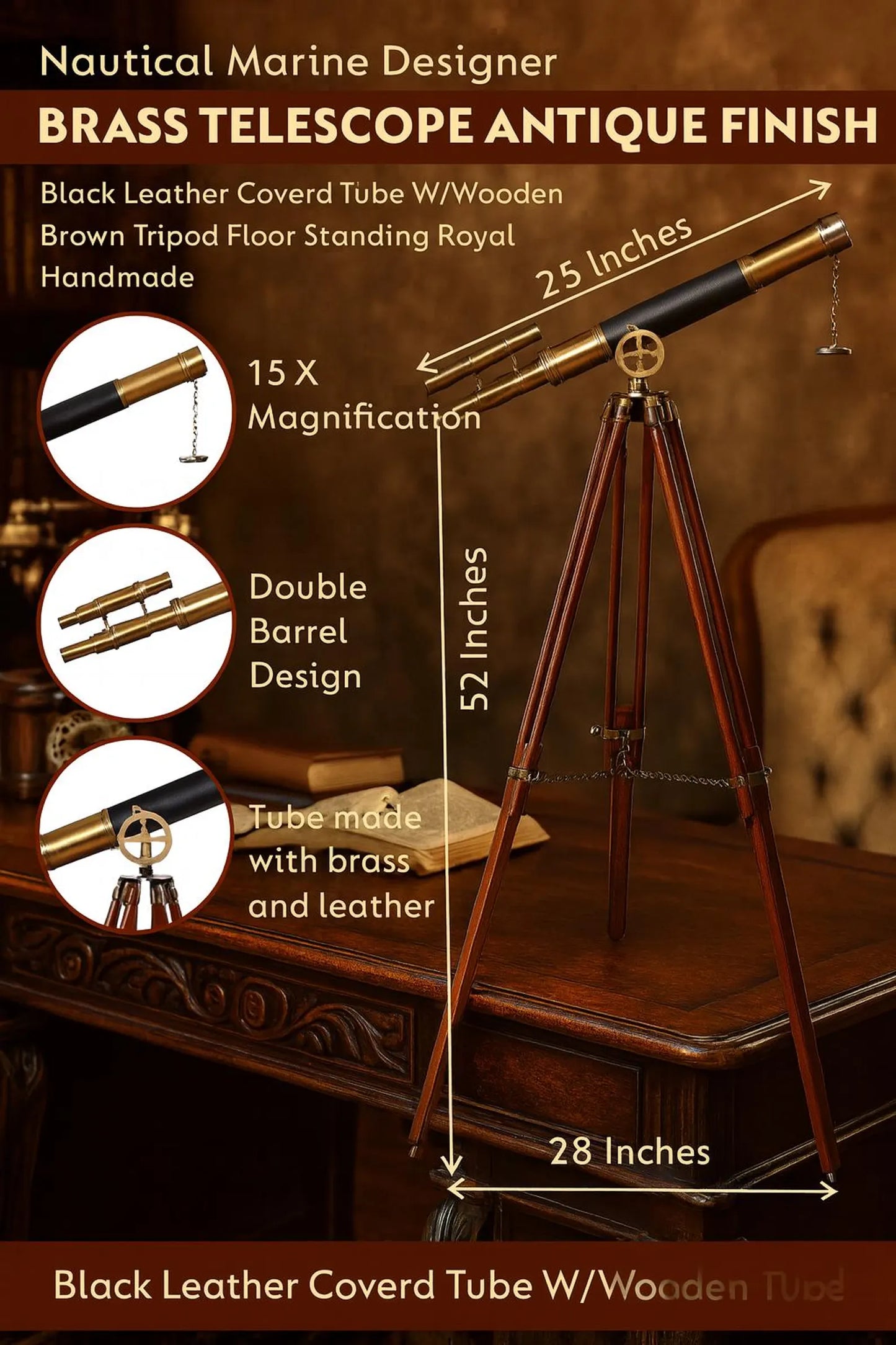 Double-Barrel Brass Telescope with Wooden Tripod – Nautical Decor & Collector Gift