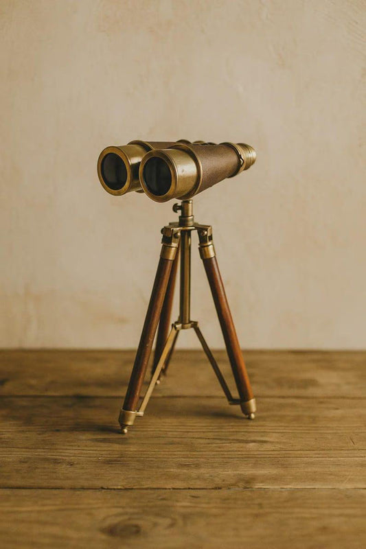 Vintage Brass Binoculars on Wooden Tripod – Nautical Desk Decor